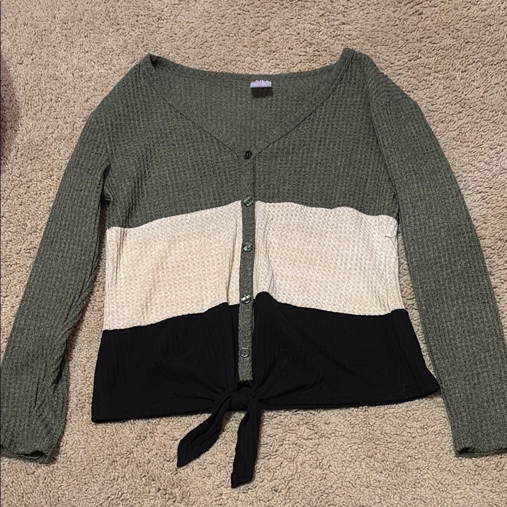 No Boundaries Colorblock V-Neck Button-Up Sweater